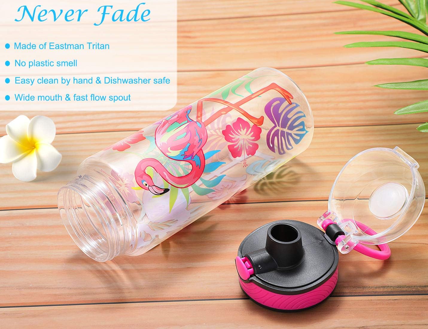 Home Tune Cute Water Bottle for School Kids Girls, BPA FREE Tritan & Leak Proof & Easy Clean & Carry Handle, 23oz/ 680ml - Flamingo - Image 2