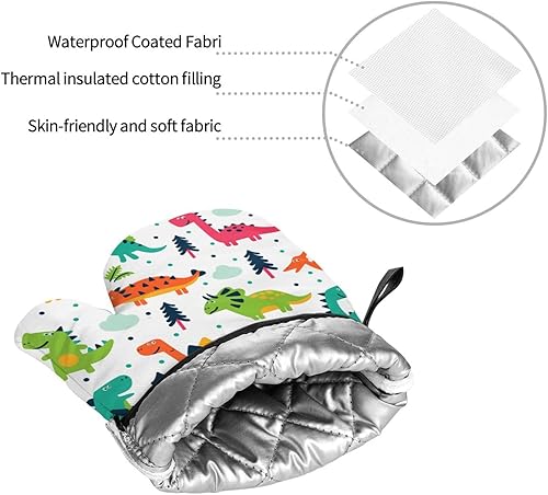 Miniatura 4 de Juego de 4 manoplas de horno y agarraderas de dinosaurio Kawaii con diseño de dinosaurio, guantes resistentes al calor para cocina, hornear, asar a