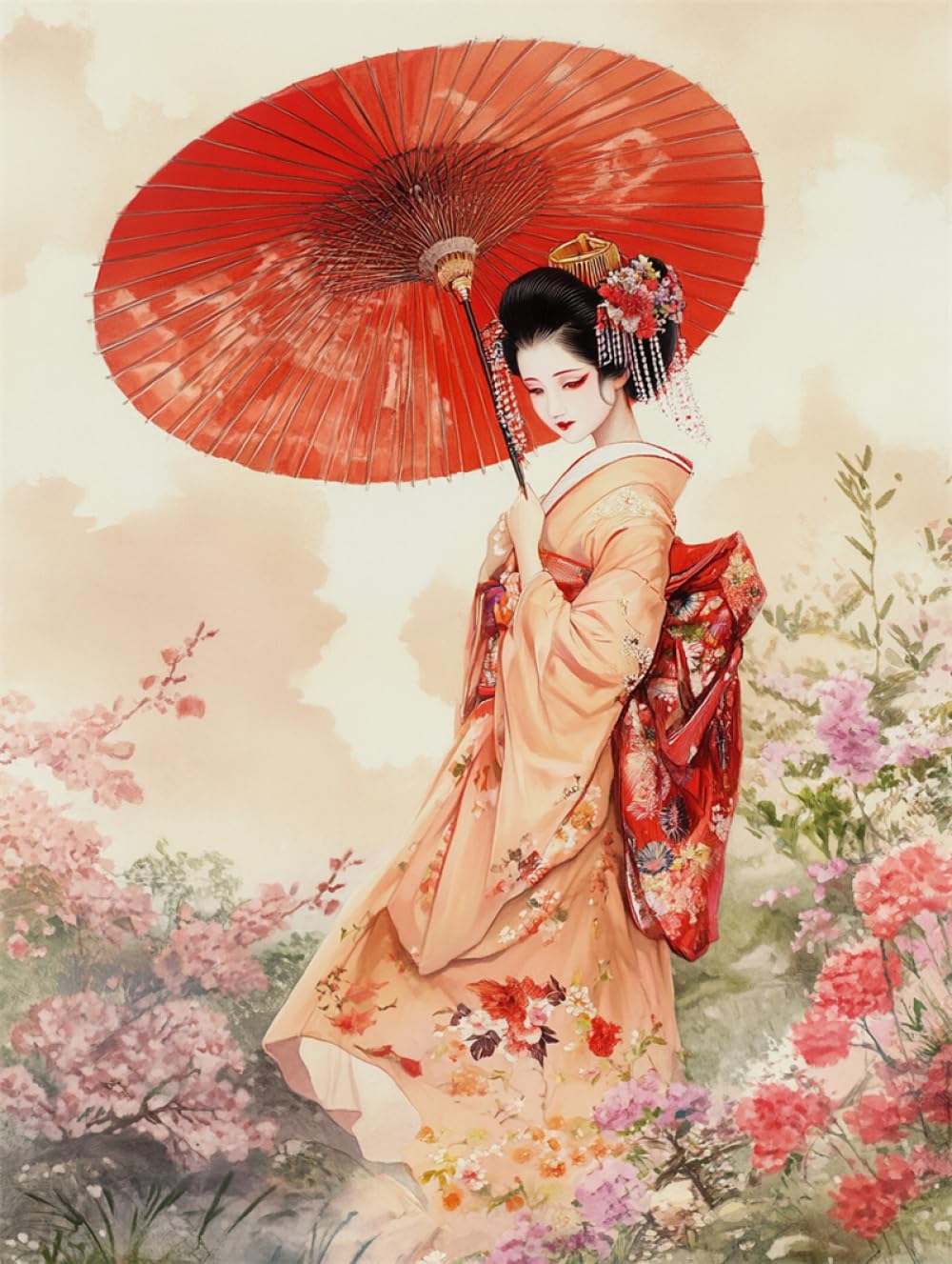 Rkflgew B 14Ct Japanese Woman Cross Stitch Kits For Eginners Geisha And Flowers Preprinted Fabric Cross Stitch Diy Art Needlecrafts Embroidery Kits For Adults Eginners 30X40 Cm