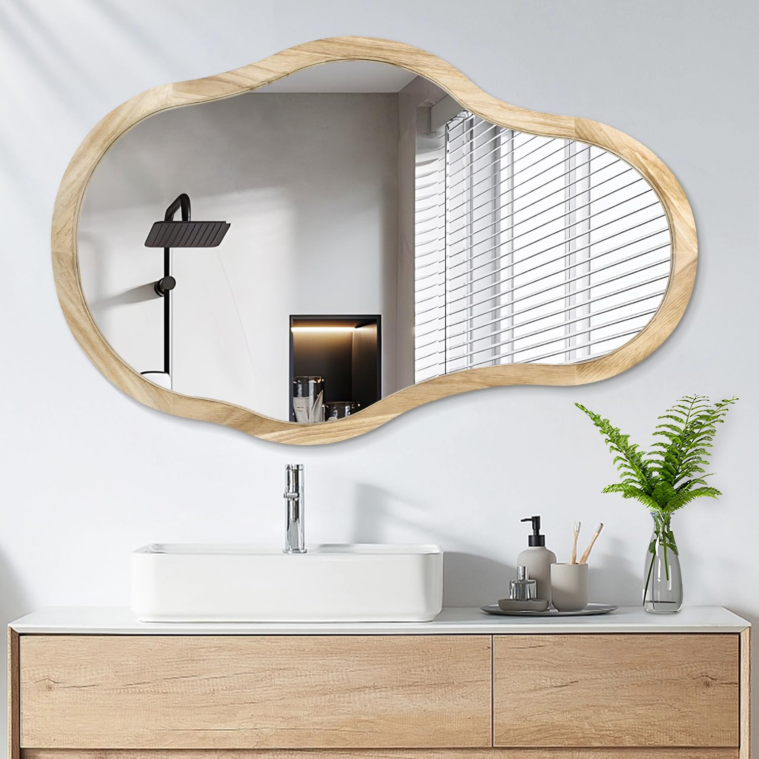 Lzuso Irregular Wall Mirror Asymmetrical Wooden Framed Mirrors Wavy Unique Hanging Mirror Modern Artistic Mirrors Decor Bathroom Vanity Bedroom Living Room Entryway Hallway Large Natural 24"x16"