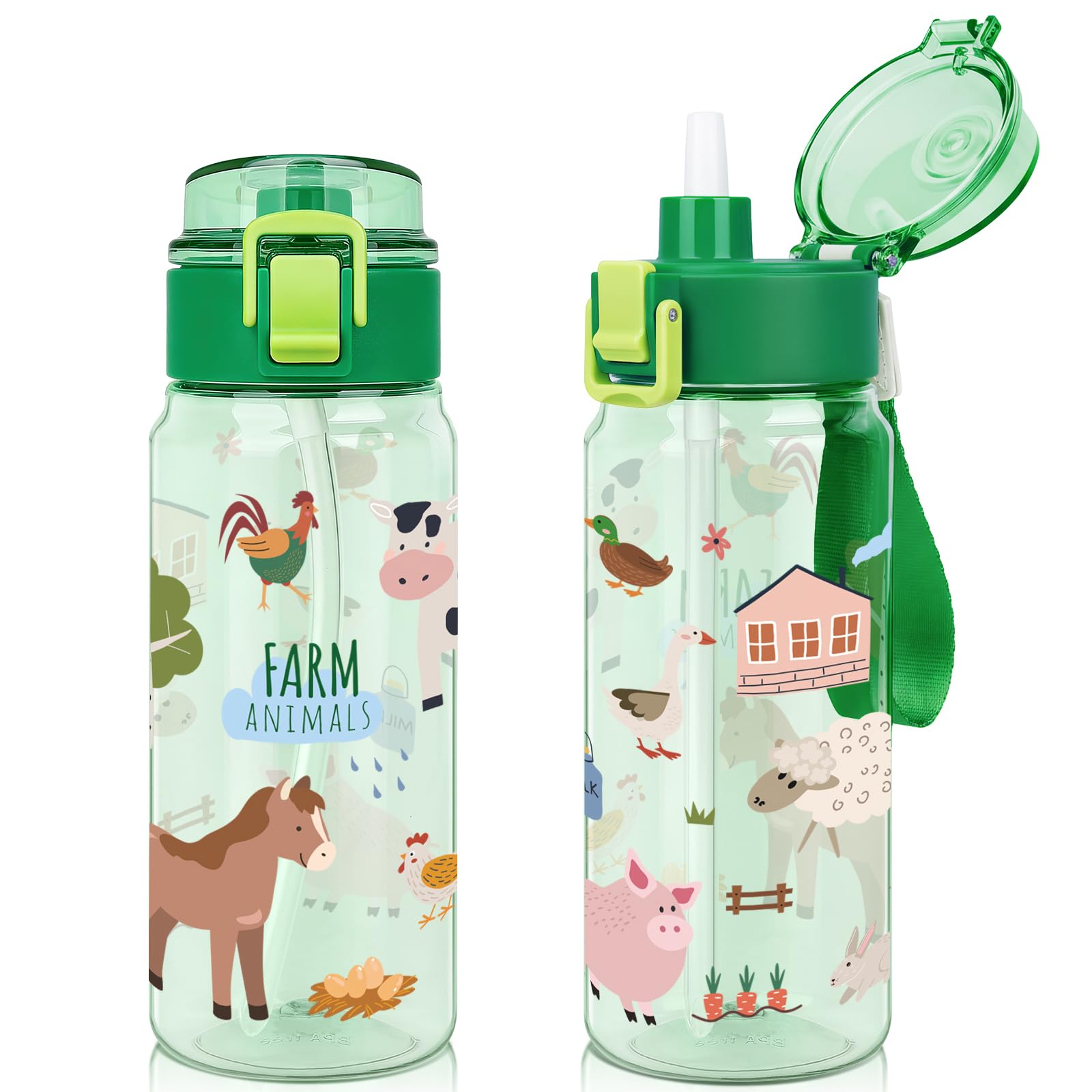 wooshwa Tritan Kids Water Bottle for School, 550ml Leakproof 2-in-1 Toddler Water Bottle with a Pop-up Detachbale Straw, Dishwasher Safe (Farm Animals)