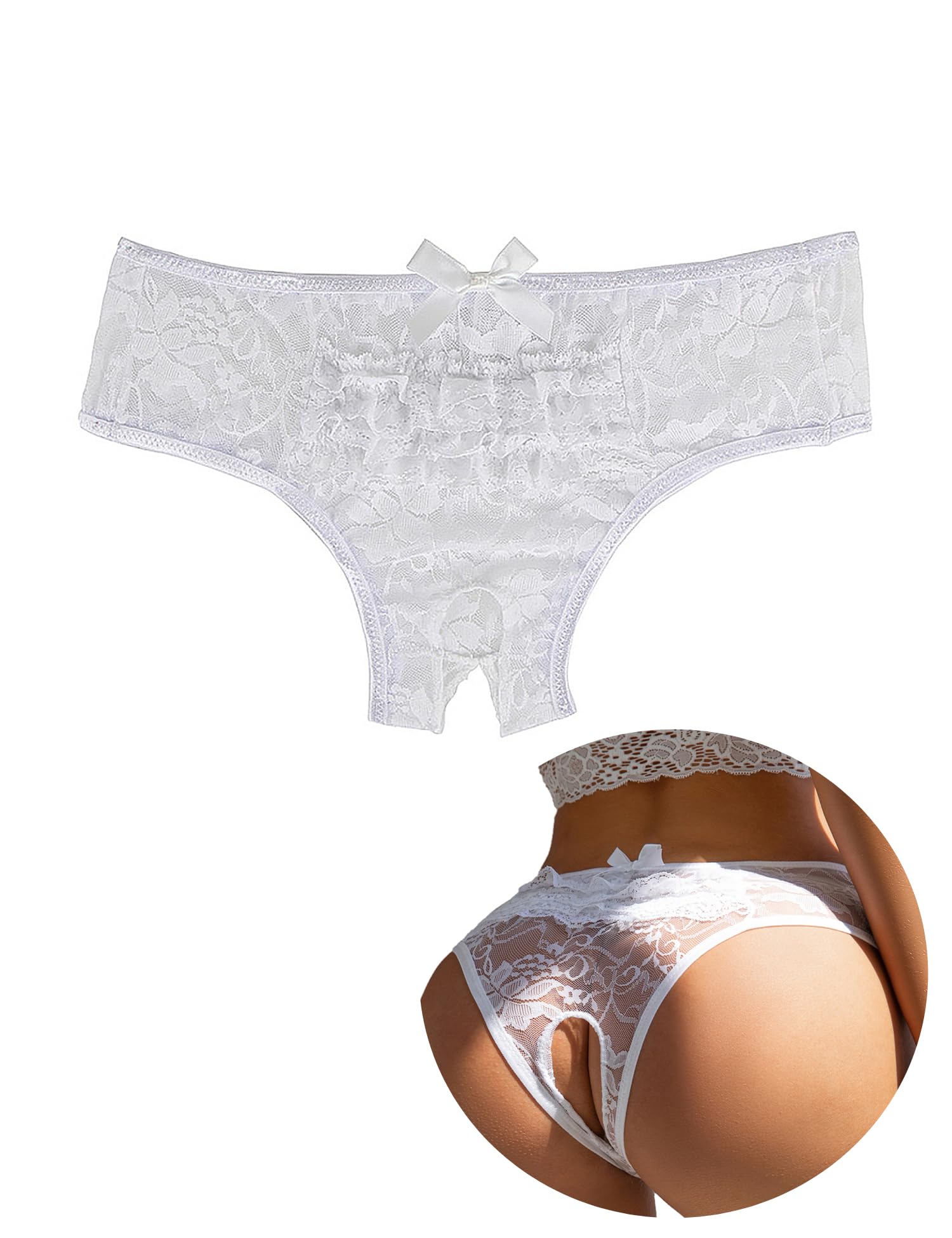ohyeahlady Slip Ouvert für Frauen Weiß Spizte Dessous Damen Sexy Unterwäsche Curvy String Tanga mit Offenem Schritt Große Größen Erotische Unterhosen Höschen mit Loch Übergröße Panty Hipster Outfit,M