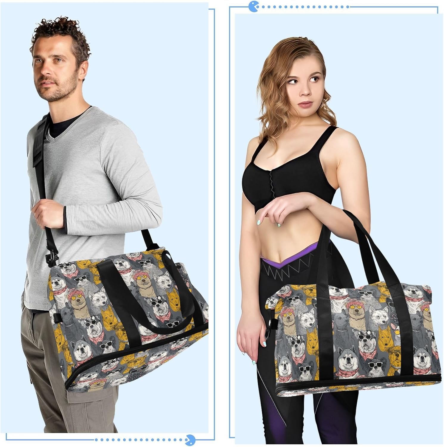 2 Pcs Set Travel Tote Bag Boho Crazy Anime Dogs Gray Gym Bag with Toiletry for Airplane Traveling