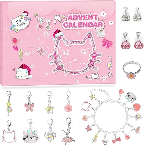 Calendario de Adviento 2025 Cuenta Regresiva de Navidad DIY Lindos Dijes de Gato Pulsera de Moda de Navidad con Pulseras Collar y 22 Dijes Únicos