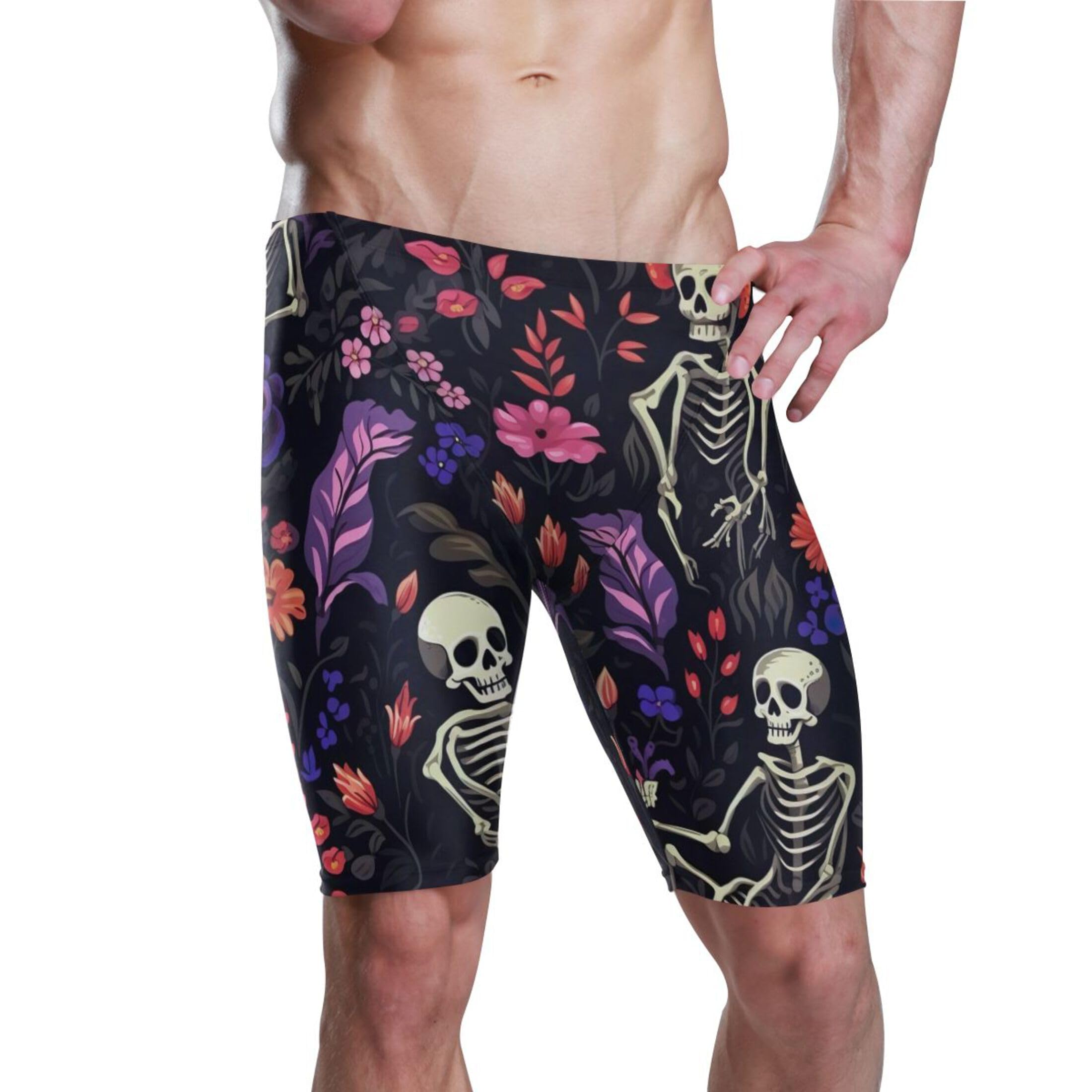 Sugar Skull Skeleton Gothic Flowers Mens Swim Jammers Swimsuit XL B0400645