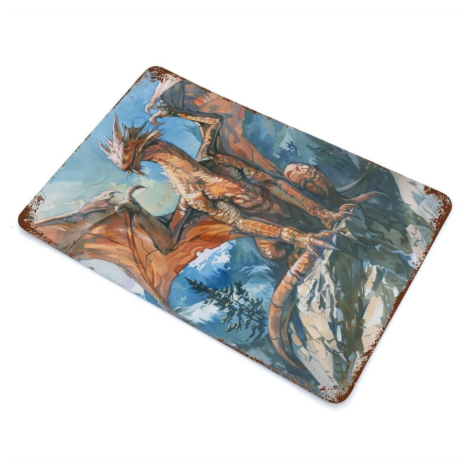 Giant Dragon Sketch Vintage Wall Sign 11.8"x7.9", Rust Effect Metal Decor for Farmhouse, Kitchen And Entryway Decor