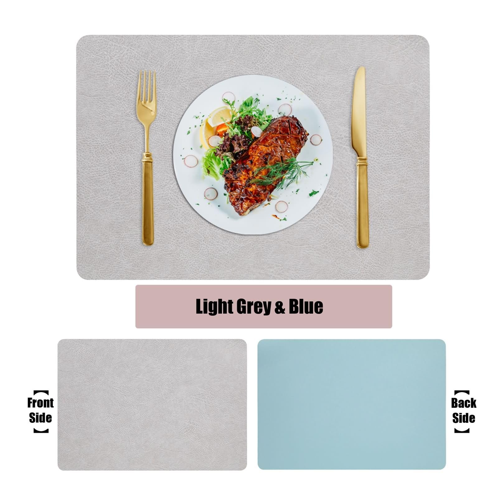 Napperon Table Restaurant 8 Pieces, 30 x 43 CM Bleu Gris Clair Set de Table Moderne Antidérapant Cuir PVC, Couleur Unie avec Rectangle