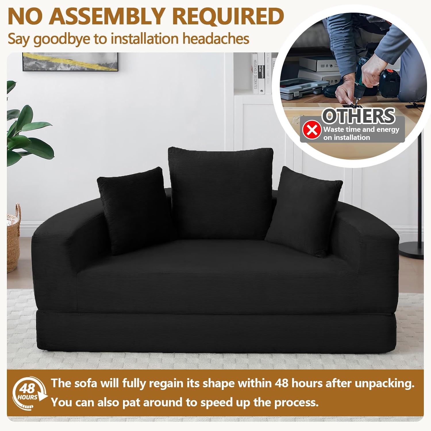 Anwick 67" Convertible Sleeper Lazy Sofa Bed Upholstered Round, Black Boneless Folding Sofa Bed Couch for Living Room Oversized Round Reading Chair for Bedroom Apartment