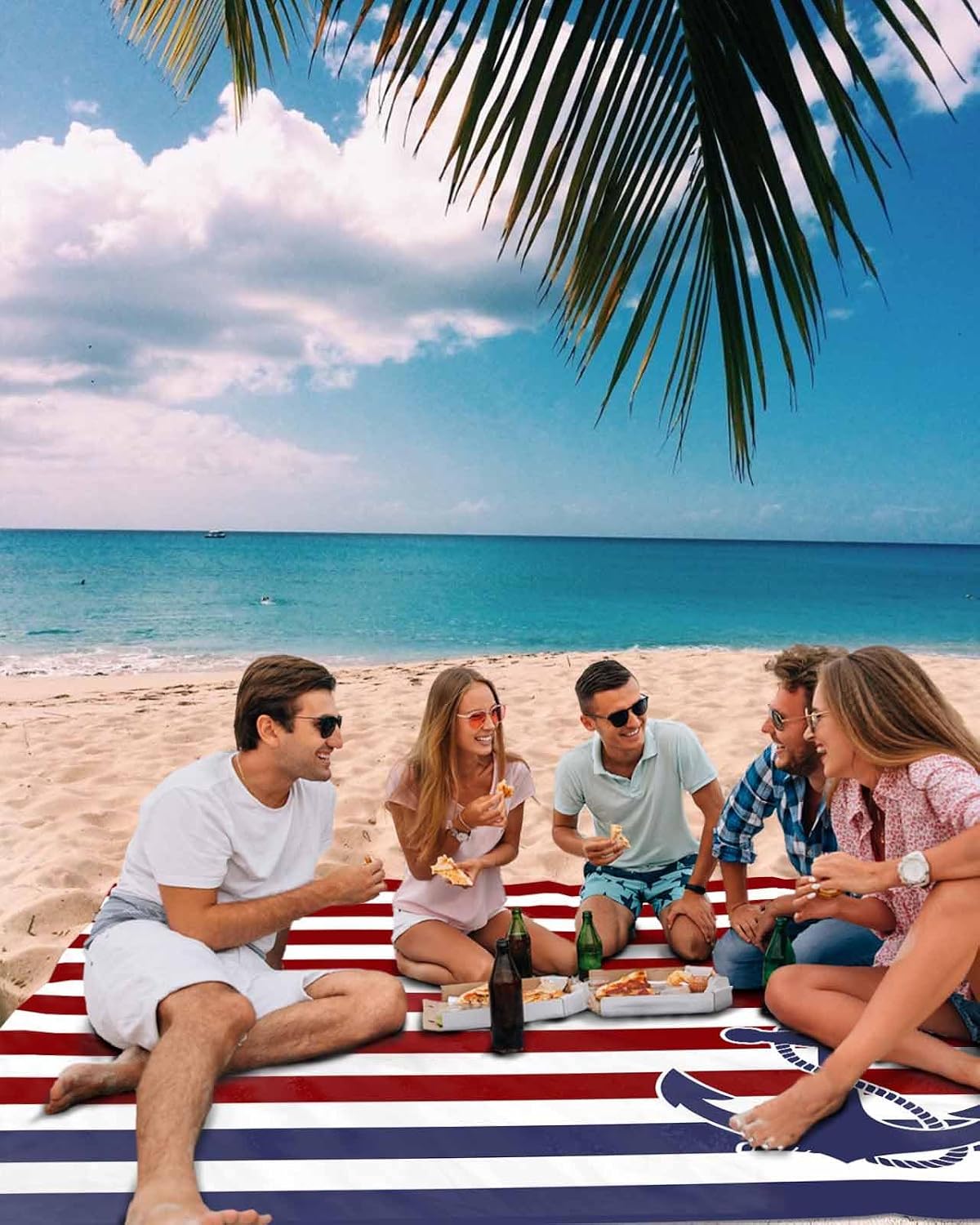 Retro Navy Blue Anchor Nautical Beach Blanket Extra Large 108x84in Outdoor Waterproof Sandproof Picnic Blankets with Stakes Lightweight Beach Mat for Camping Travel Hiking,Classic Red White Stripes image 3