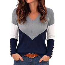 Pjmlifecoco Womens Color Block V Neck Sweaters Long Sleeve Ribbed Knit Tops