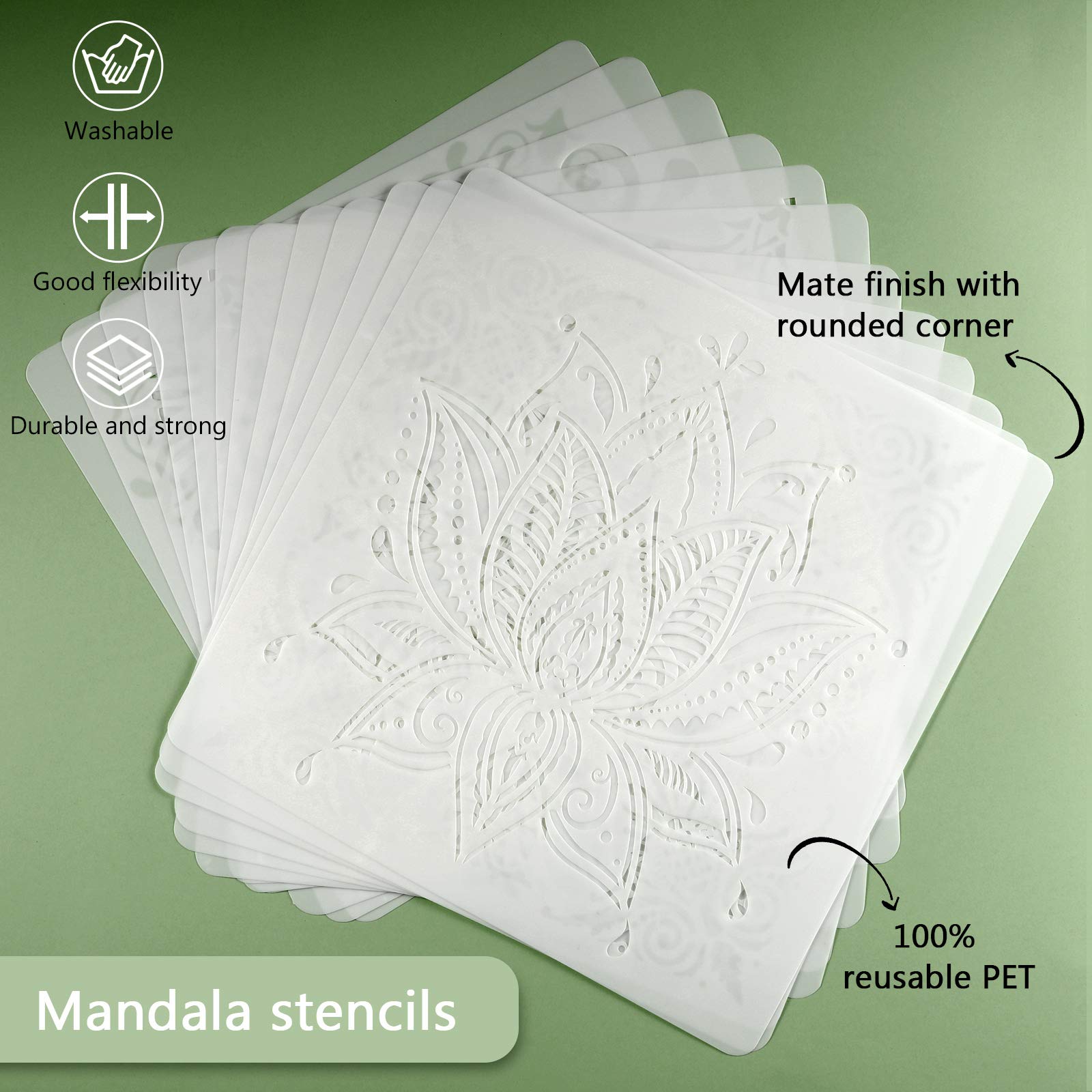 Zonon 12 Pieces 12 x 12 Inch Large Reusable Stencil Mandala Stencil Laser Cutting Painting Template for Floor Wall Tile Fabric Furniture Stencils Painting 3