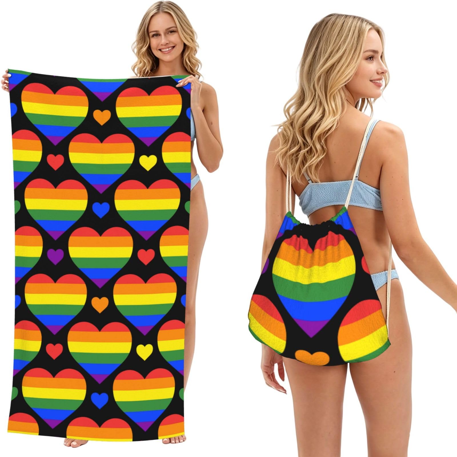 Poadnly As Picture Rainbow Hearts Gay Pride Flag, 2 In 1 Packable Towel Bag, Beach Towels With Drawstring Backpack For Travel Holiday Camping