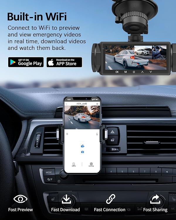 Dash Cam Front and Rear, 1080P Dash Camera for Cars, 3 Channel Car Camera Front Rear and Inside/Back with 32GB Card 5G Wireless WiFi, Loop Recording, Night Vision, HDR, G-Sensor, 24Hr Parking by YUINWEN - Image 5