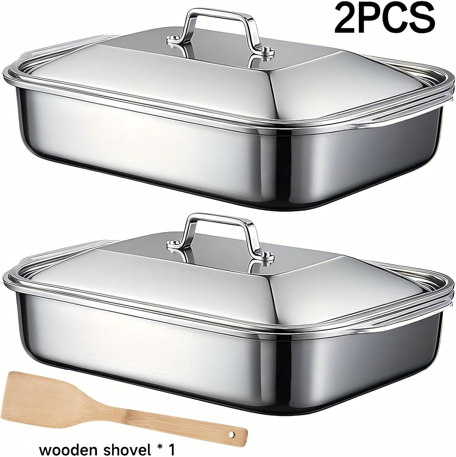 2pcs Non-Stick Roasting Pan with Lid & Wooden shovel, Professional Large Heavy Duty Stainless Steel Baking Pans, 3.15" Deep Dish for 5-Layer Lasagna, Multi-Scenario Stainless Steel Cake Pan