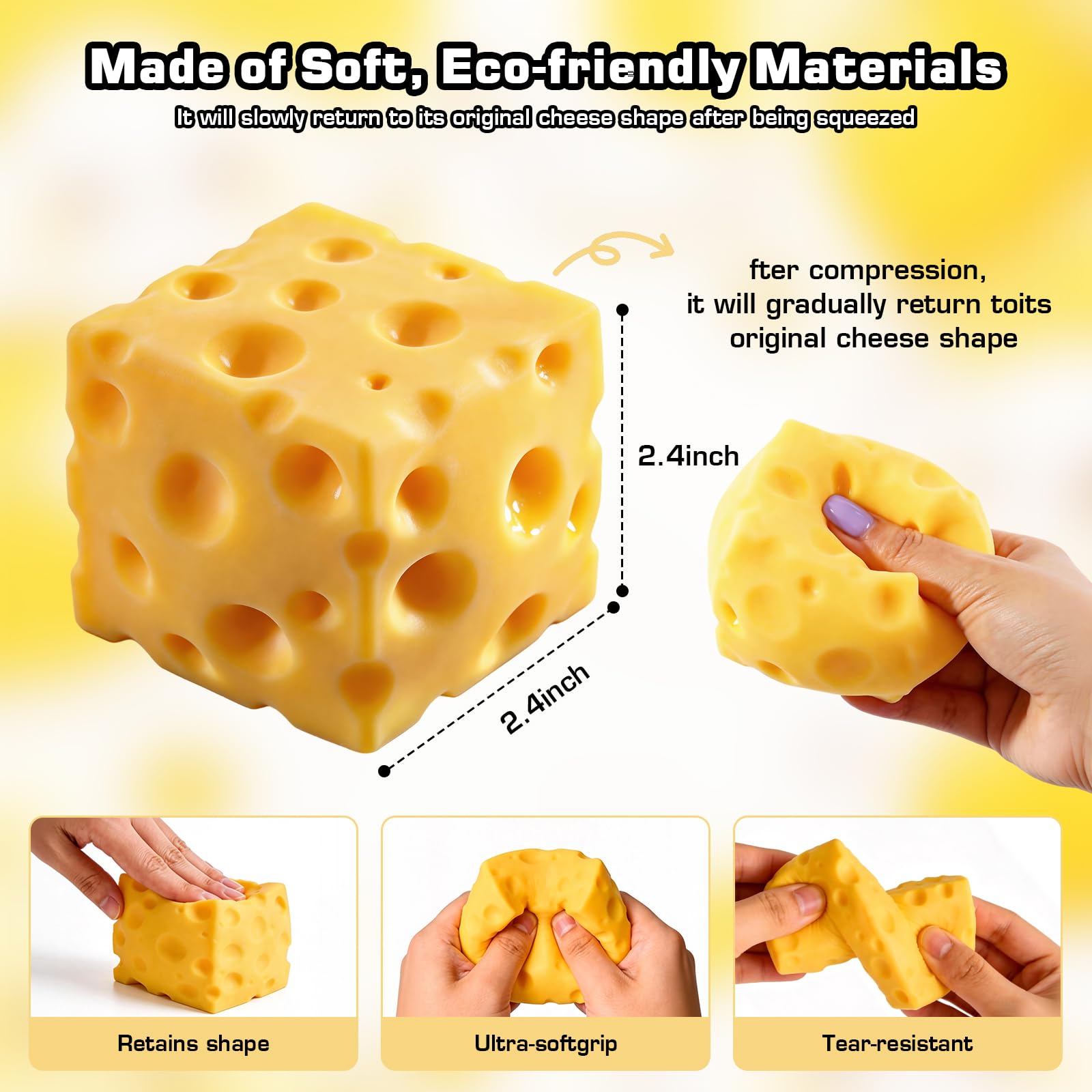 Giant Cheese Squishy – Slow Rising Sensory Fidget Toy, Jumbo Squeeze Cheese Cube for Stress Relief, Soft Hand Squeeze Toys, Portable Calming Gift for Adults Office Desk (Small-2.4") - 3