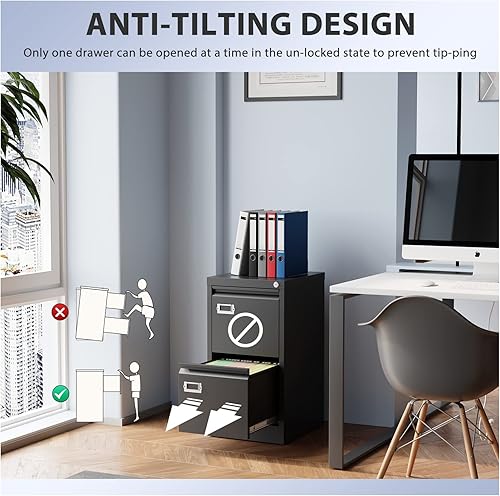 Miniatura 4 de Archivador de 2 cajones, archivadores para oficina en casa, gabinete de almacenamiento vertical de metal con cerradura, archivador de bloqueo para