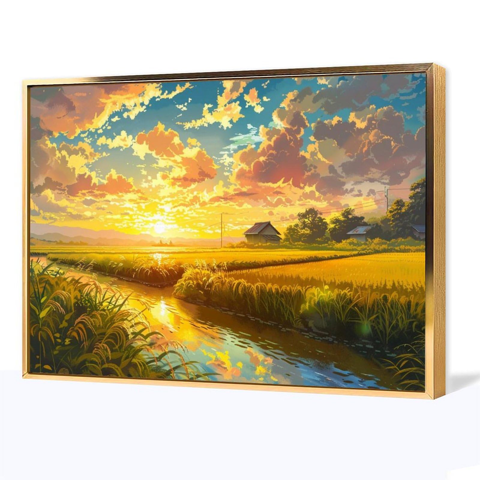 絵画インテリア絵 額付( 青緑＋金色の枠 )油絵F4-081411風景朝夕陽田園 絵画インテリア絵 額付( 青緑＋金色の枠 )油絵F4-081411風景朝