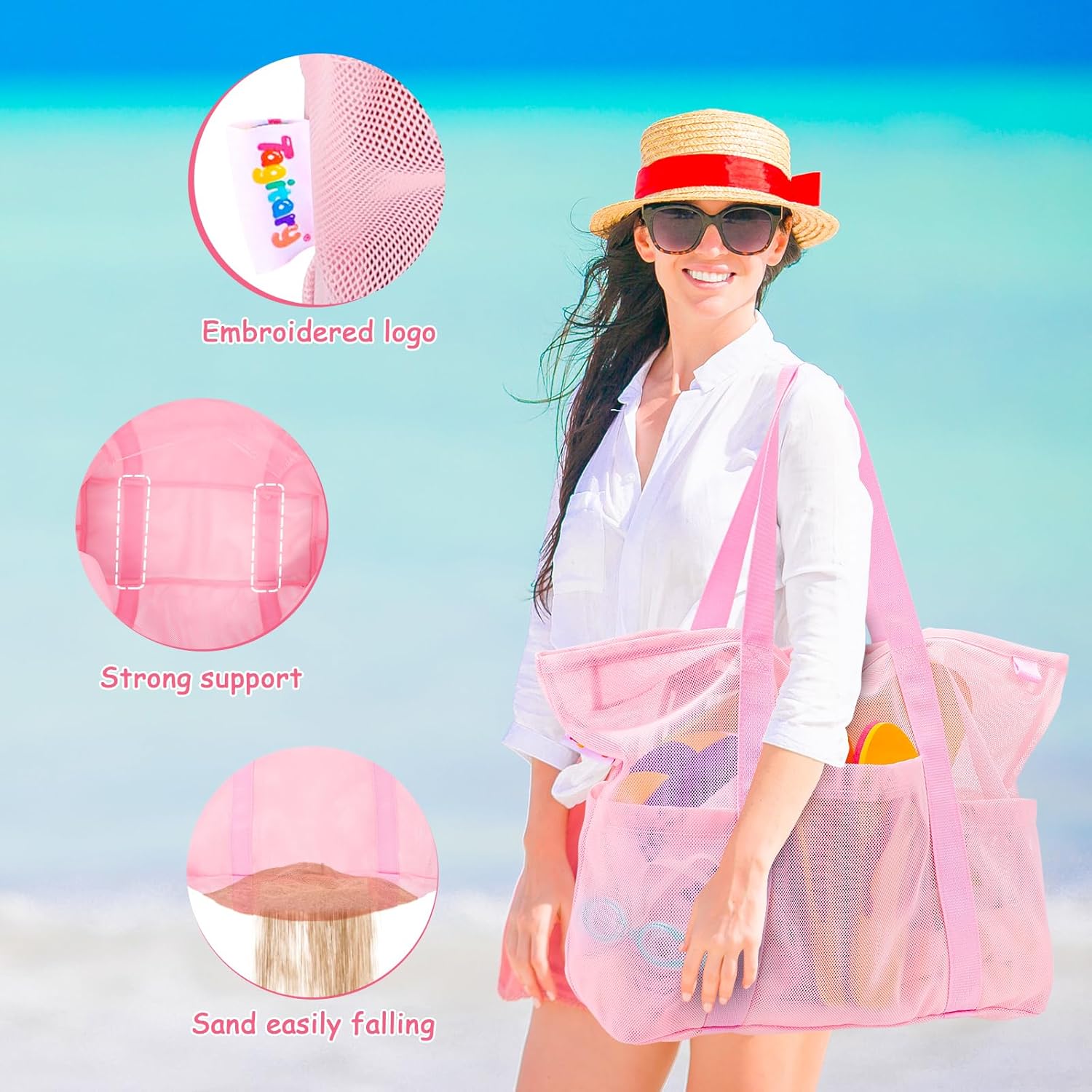 Tagitary Mesh Beach Bag with Zipper Large Beach Tote Waterproof Sandproof with 8 Pockets for Toys Pool Bag Beach Accessories - Image 6