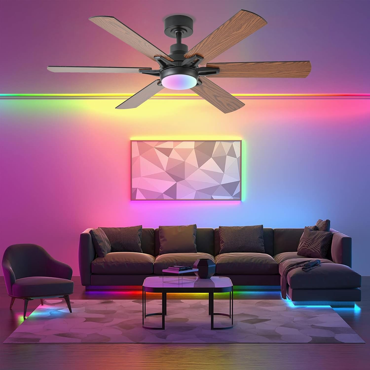 52in Ceiling Fans with Lights RGB Ceiling Fan with Light and Remote/APP Control,Low Profile Ceiling Fans with Lights for Bedroom,Living Room,Kids Room,3CCT Dimmable Modern Ceiling Fan, 6 Speeds,Brown