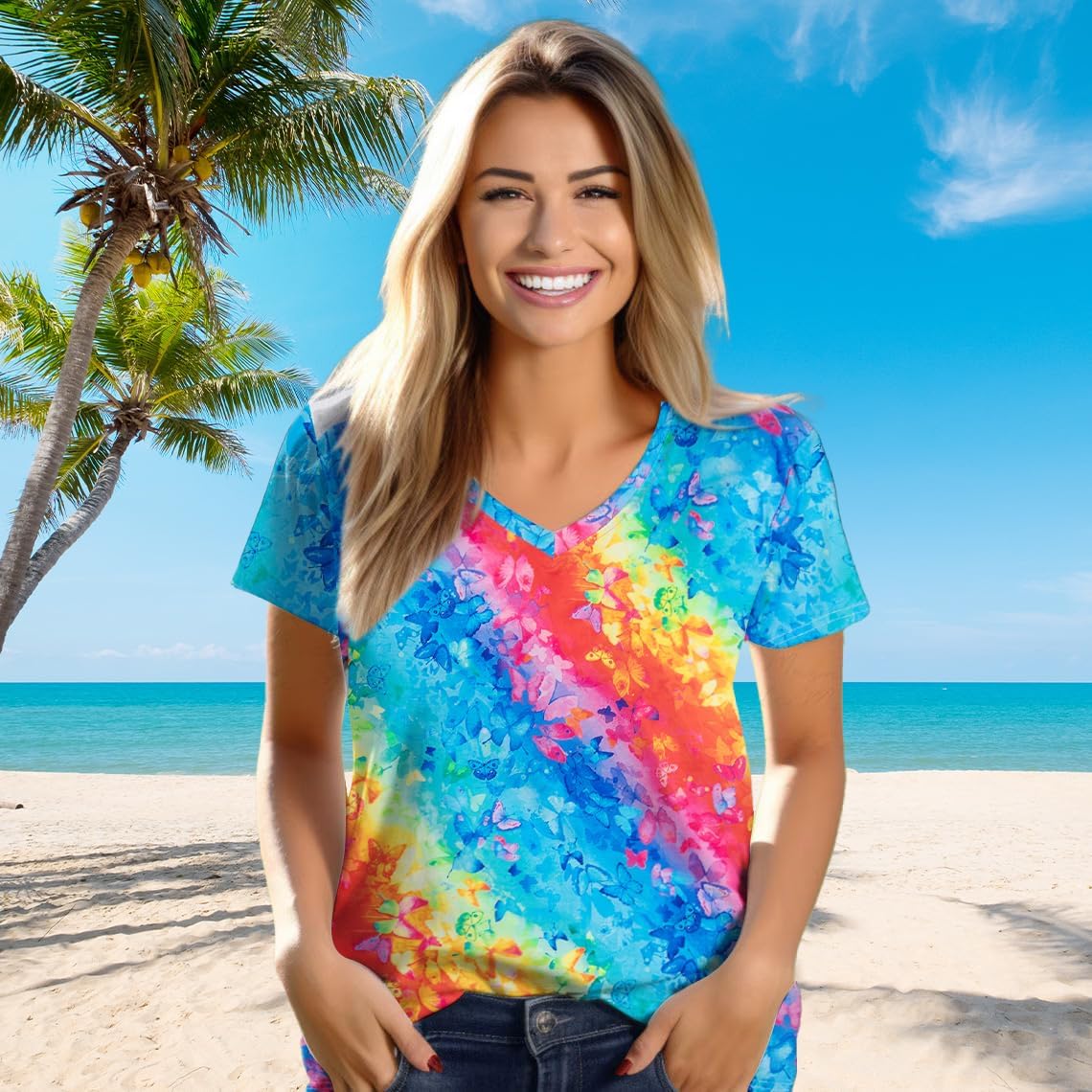 Womens Tie Dye Shirts Butterfly Color Gradient Print V Neck Tshirt Summer Casual Rainbow Short Sleeve Tee Tops - Image 4
