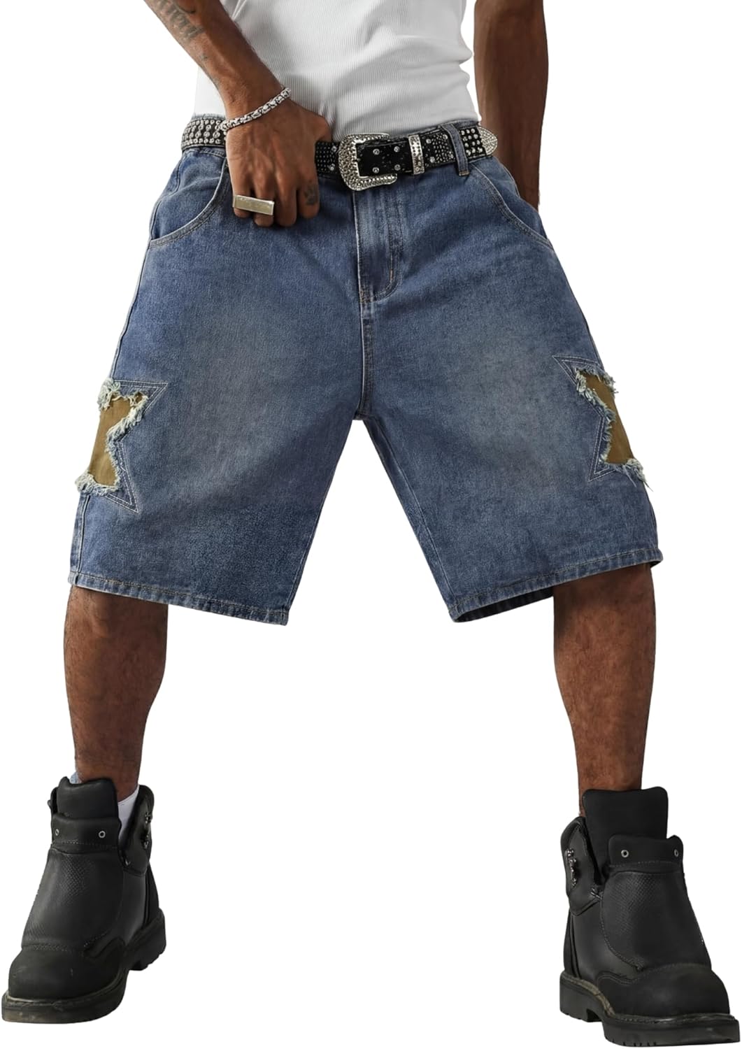 Vamtac Mens Star Patchwork Denim Shorts Mid Rise Casual Loose Summer Streetwear Baggy Jeans Jorts