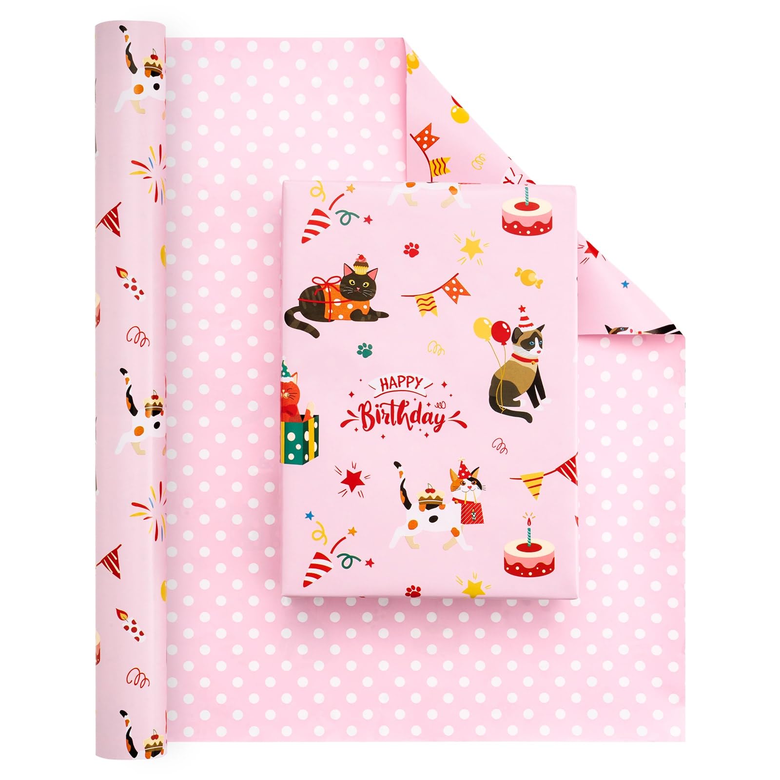 WERNNSAIGift Wrapping Paper Roll - 1 Roll 17” x 33 ft Kids Birthday Wrapping Paper for Girls (Pink Cat Birth)