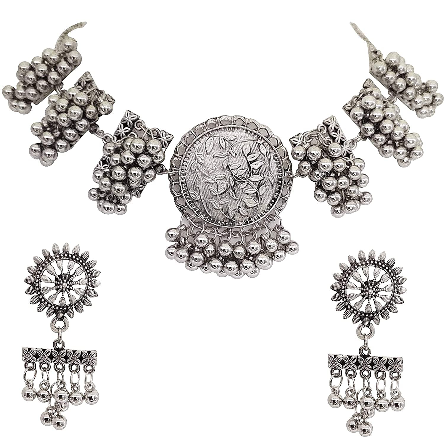 Molika Oxidised Silver Brass Afghani Necklace Choker Jewellery Set (Silver) For Unisex Adult (B08T7M6TJT) Amazon Price History, Amazon Price Tracker