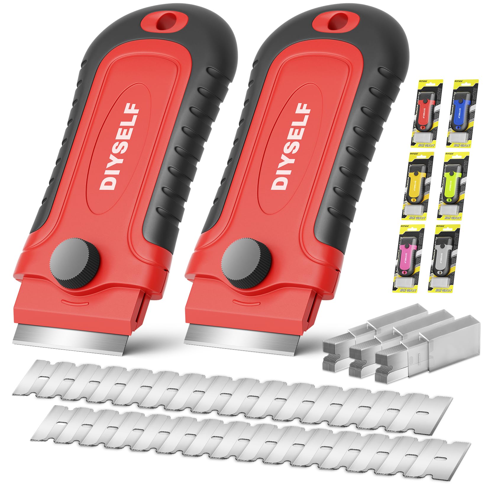 DIYSELF 2 Pack Razor Blade Scraper with 30 Pcs Blades - Scraper Tool - Scraper for Cleaning Stove, Oven, Glass, Kitchen - Paint Scraper - Razor