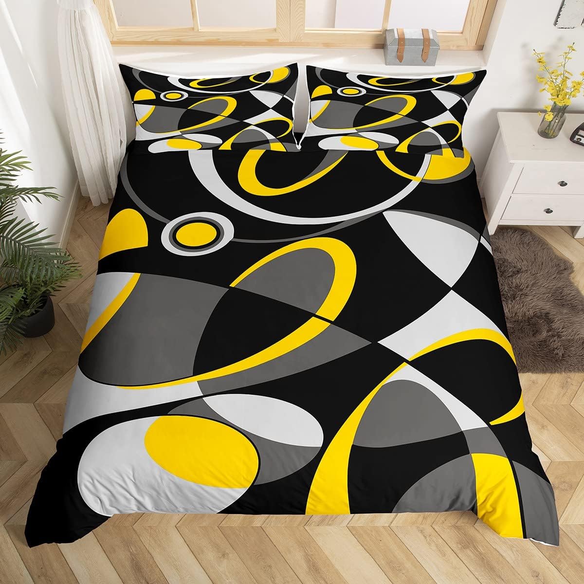Yellow Grey Black Geometry Comforter Cover Geometric Circle Bedding Set Geometry Swirl Duvet Cover for Children Kids Boys Girls Modern Abstract Art Bedspread Cover Room Decor Bedclothes Full SizeOEKO-TEX STANDARD 100