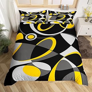 Yellow Grey Black Geometry Comforter Cover Geometric Circle Bedding Set Geometry Swirl Duvet Cover for Children Kids Boys Girls Modern Abstract Art Bedspread Cover Room Decor Bedclothes Queen Size