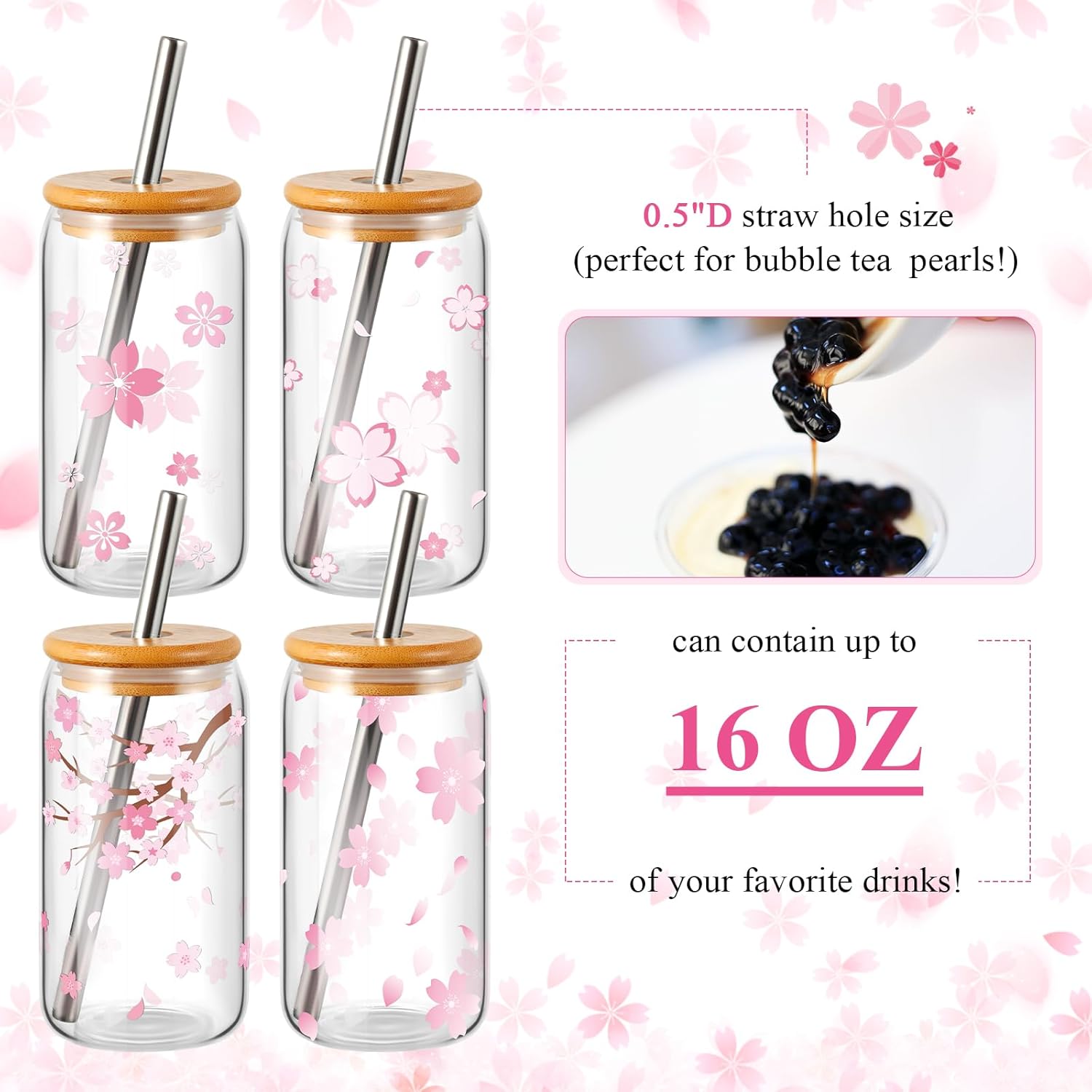 Zhehao 4 Pcs Glass Cups with Lid and Straw Cherry Cute Bubble Tea Cups 16oz Iced Coffee Mason Jar Kawaii Sakura Tea Tumbler Reusable for Christmas Women Birthday Graduation Gift - Image 4