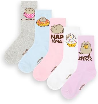 Pusheen Womens Socks 5 Pack | Ladies Multicoloured Cute Cat Graphic Footwear | Kitten Snack Attack Comfortable Sock Set