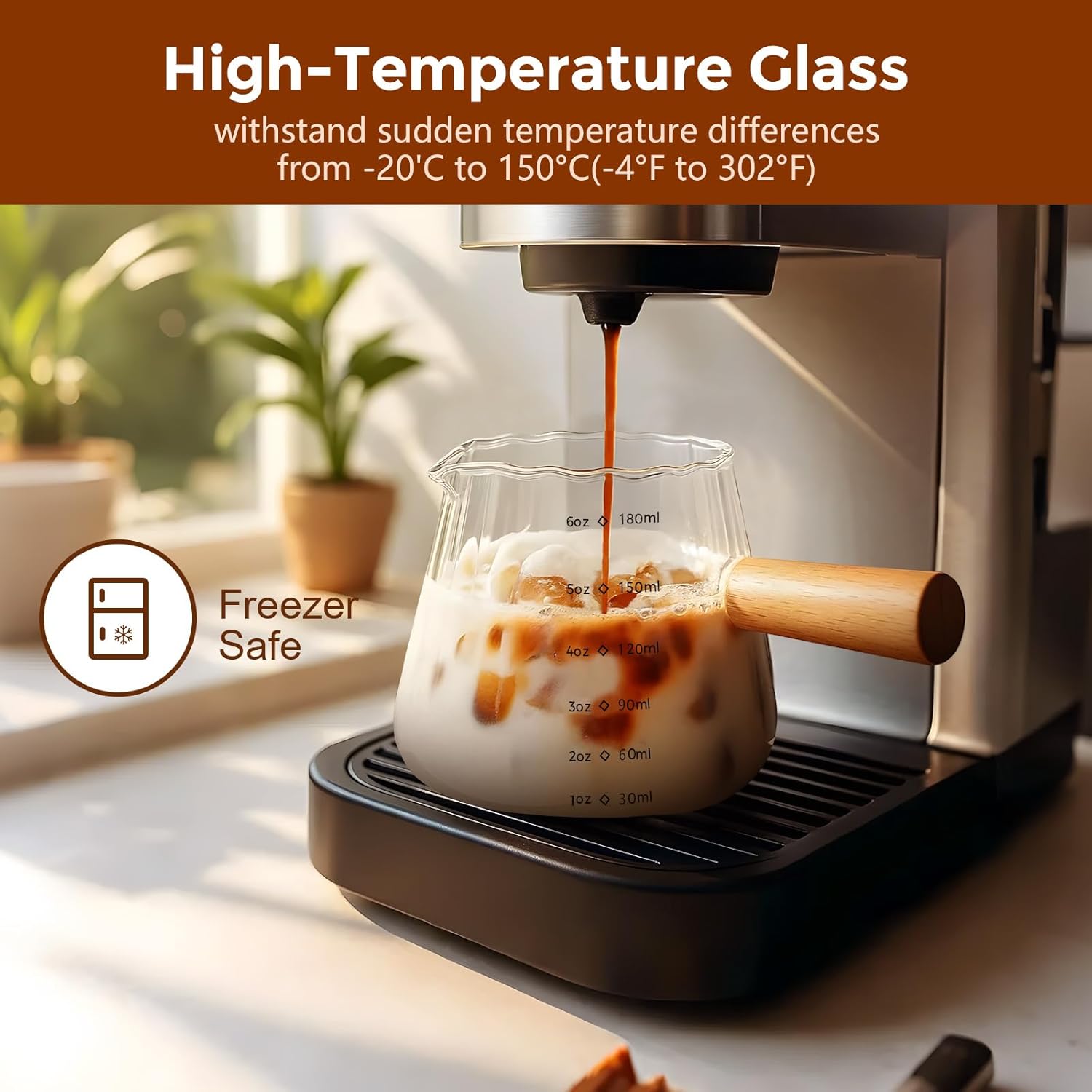 YARRAMATE Silver Powerful Milk Frother with Stand & 6 oz/180ML Glass Measuring Cups