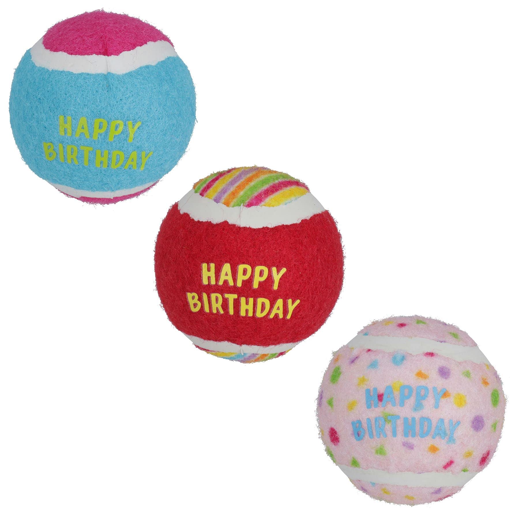 AB Tools 3PK Medium Happy Birthday Tennis Balls Dog Puppy Gift Chuck Fetch Play 6.5cm