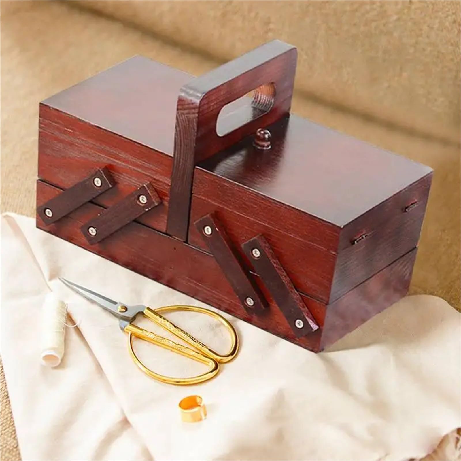 Scomparti for scatole da cucito in legno pieghevoli portatili Cuciture con filo Cucire cestini Organizzatori Scatole di gioielli Forniture for cucire for la casa(Beige)