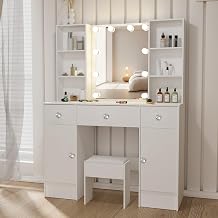Large Makeup Vanity Desk, Makeup Table Set with Lighted Mirror and 11 LED Lights, Vanity Desk for Women, Girls, White with 2 Large Cabinet Storage, 39.4" W