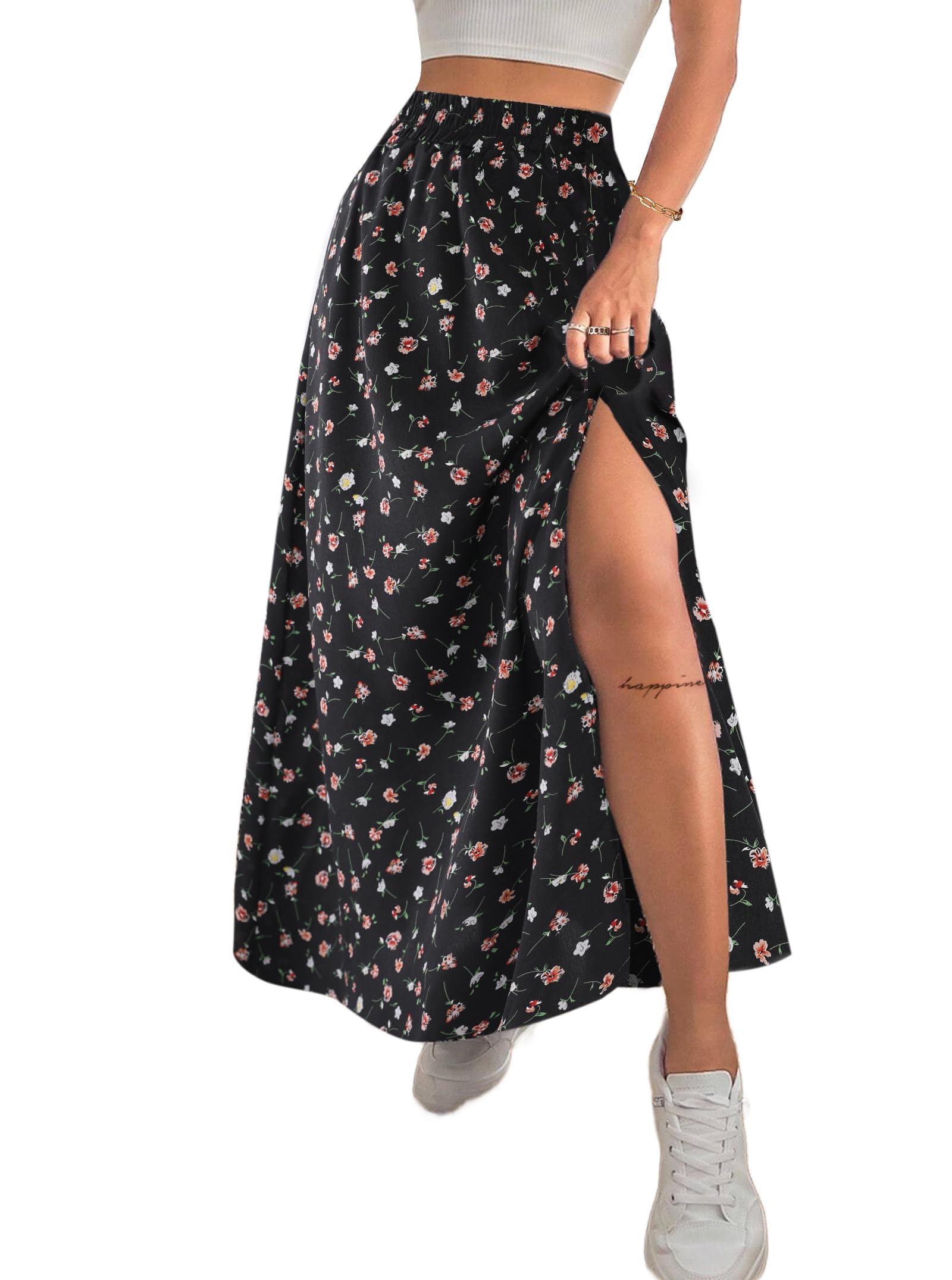 Women Boho Floral Slit Maxi Skirt Split Thigh High Waisted Long Skirts