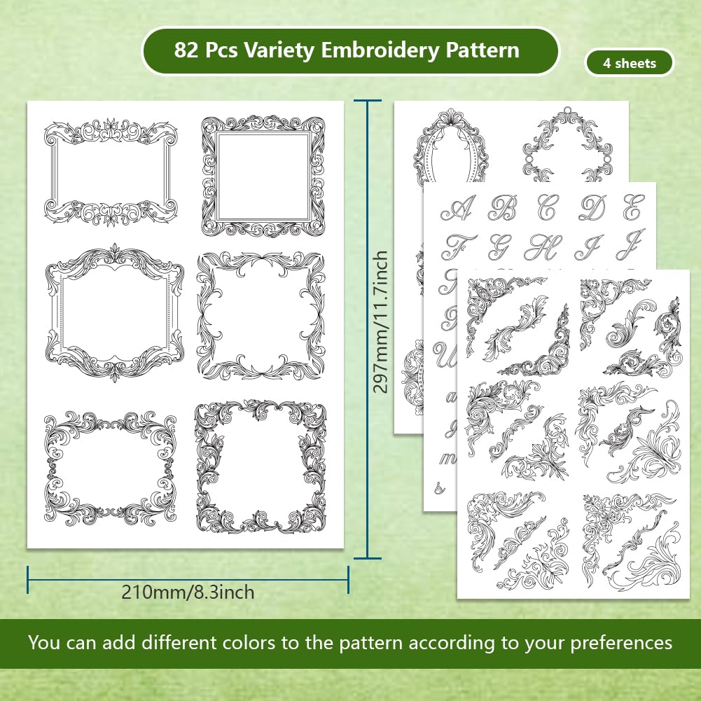 BENECREAT 4Sheets 81Pcs Vintage Water Soluble Embroidery, 11.6x8.2 Inch Calligraphy Letters Vintage Border Edge Embroidery Paper Stabilizer Hand Sewing for Shirts, Coats, Bags