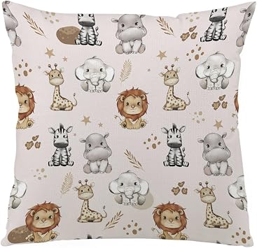 Afro Jungle Safari Animals Retro Stars Decorative Nursery Pillowcase Throw Pillow Cover Baby Boy Girl Lion Elephant Giraffe Zebra Hippo Cushion Cover for Kids Room Toddler Playroom Classroom 18x18