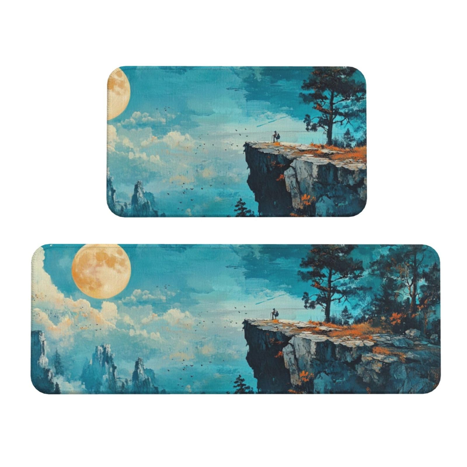 Tapetes de cocina para el suelo Moon On The Cliff acolchados, juego lavable de 43x119 y 43x76 cm