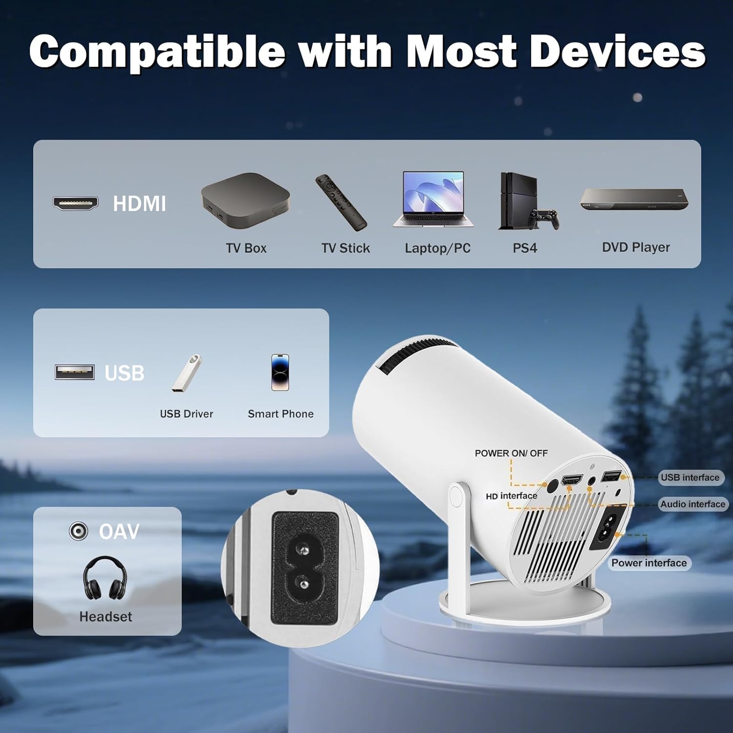 Mini Projector Support 4K, 200 Ansi Outdoor & Home Movie Portable Projector with Wifi6 and 5.0 Bluetooth, Automatic Keystone Correction, 180°Rotatable, Compatible with HDMI USB PC Laptop