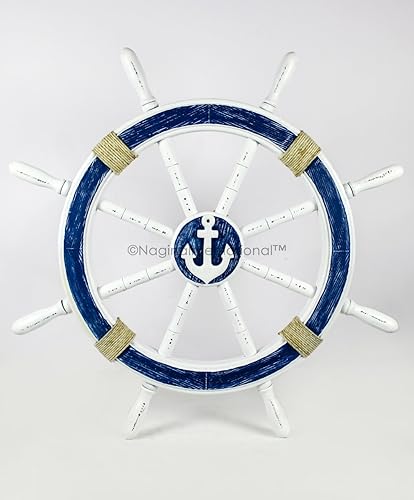 Nagina International Rueda de barco decorativa náutica blanca azul premium con cuerda acentuada Decoración de pared de pirata Regalo de mar (36 Nagina International Rueda de barco decorativa náutica blanca azul premium con cuerda acentuada Decoración de pared de pirata Regalo de mar (36