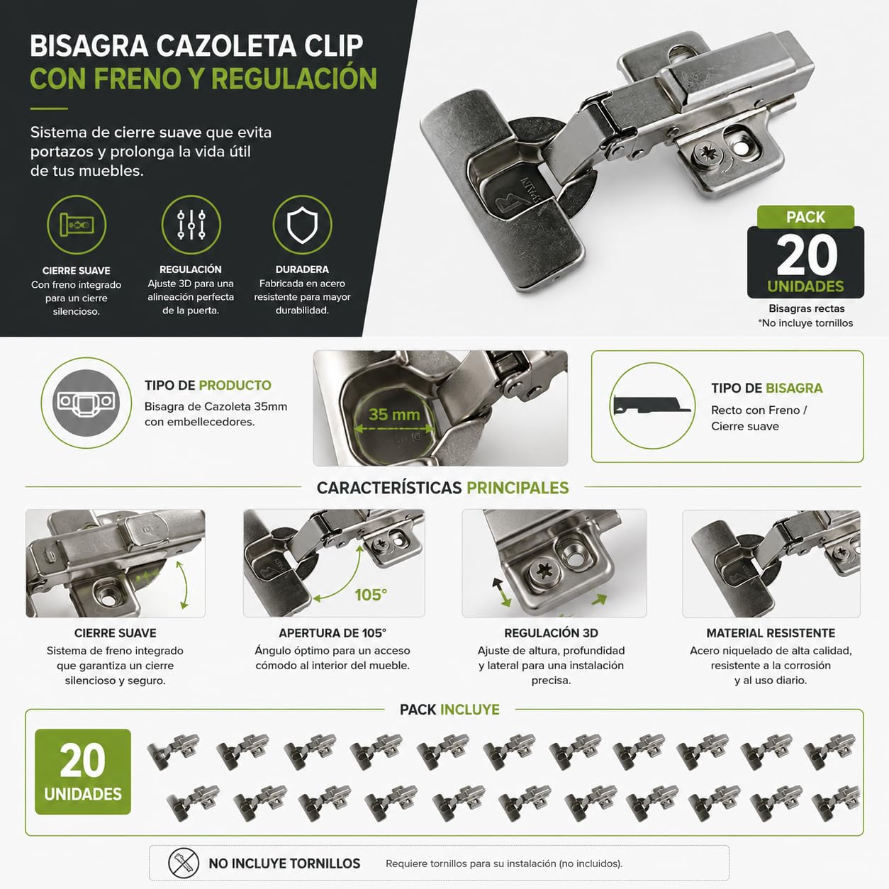 Bisagra cazoleta clip con freno y regulación | Recta | Ø35mm | Pack 20 unidades