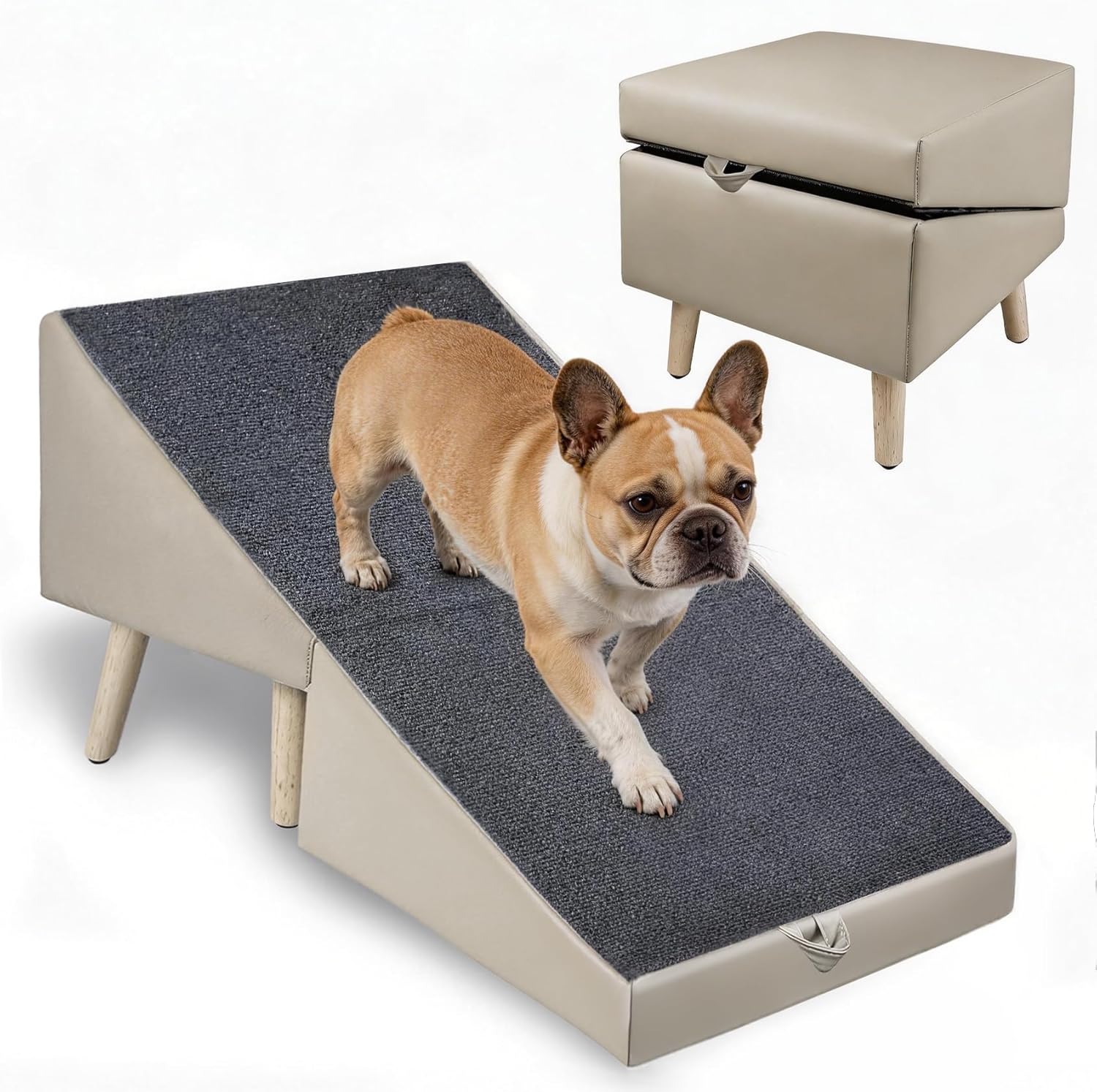 Split Ottoman Dogs Ramp, Dog Ramp for Couch and Bed, Dog Stairs for Small Dogs and Cats, 2-in-1 Foldable Wooden Pet Stairs and Ottoman,Non-Slip Fabric Surface Ramp for Couch and Bed Gray XXXL