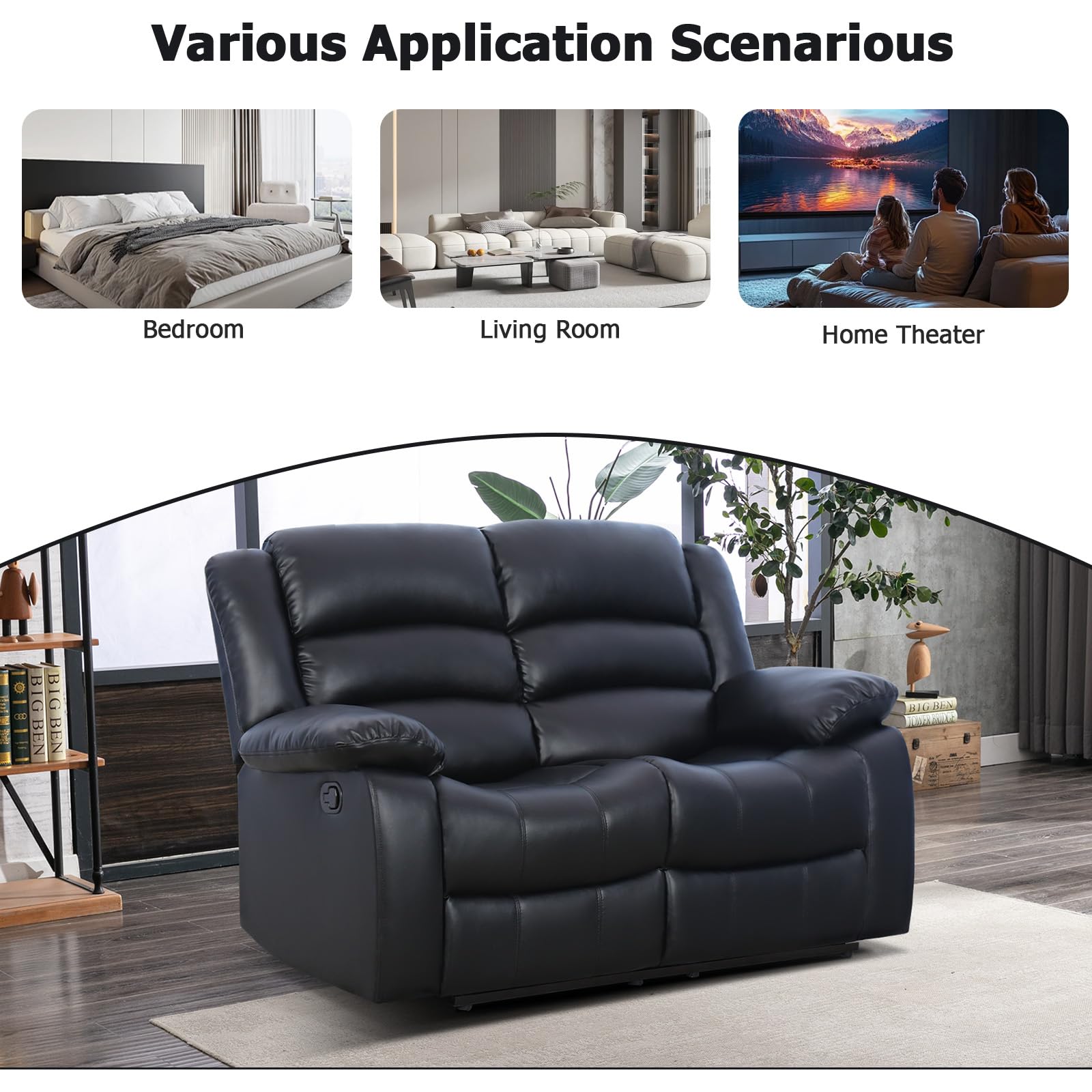 EBELLO Manual Loveseat Recliner Sofa, Faux Leather Reclining Couch with Overstuffed Arms and Back, Double Seat Recliner Couch for Living Room, Meeting Room, Black view 5