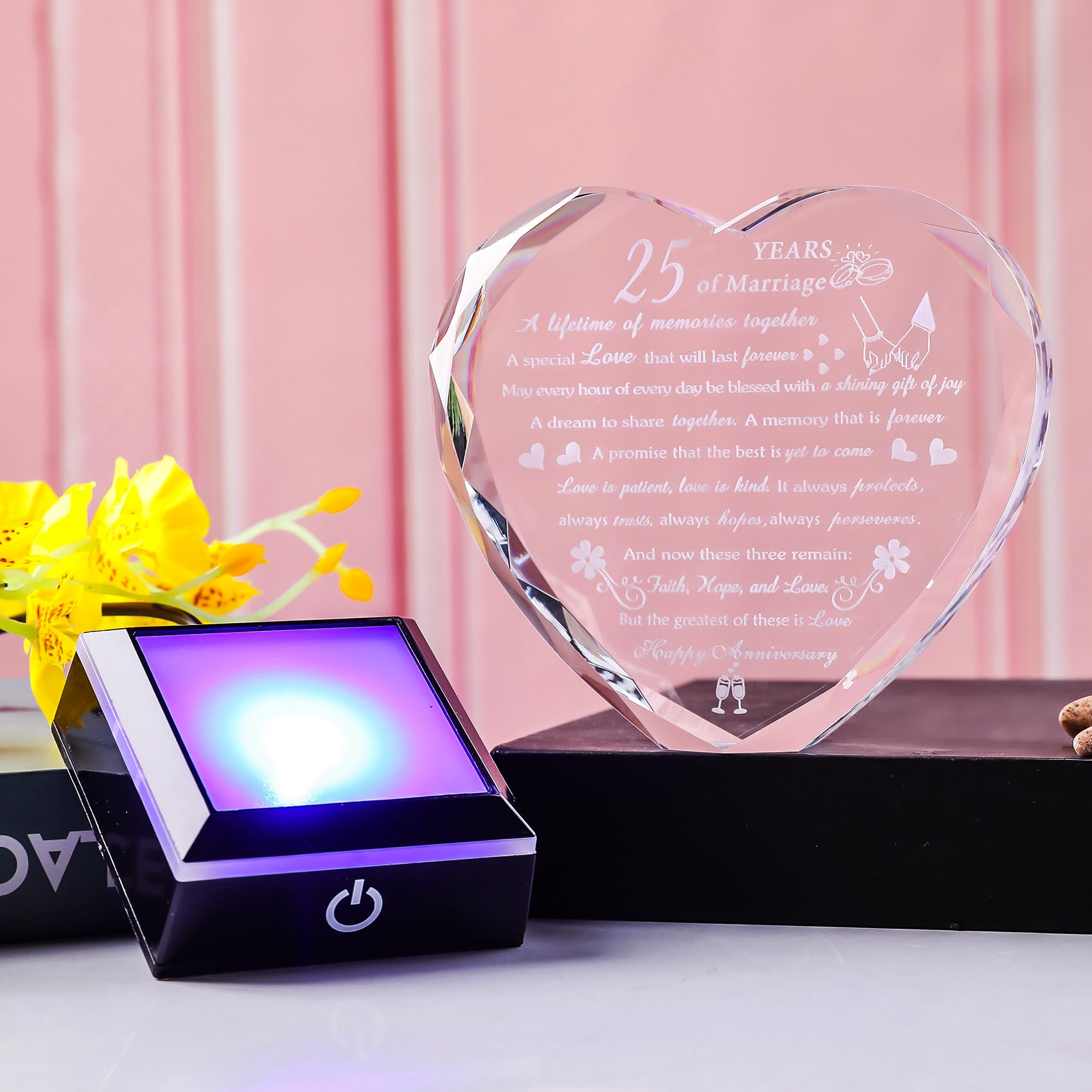 25th Wedding Anniversary Crystal Gifts for Couples Parents, Romantic Heart 25th Anniversary Keepsake Gifts for Her Him, 25 Years of Anniversary Marriage Gifts for Wife Husband