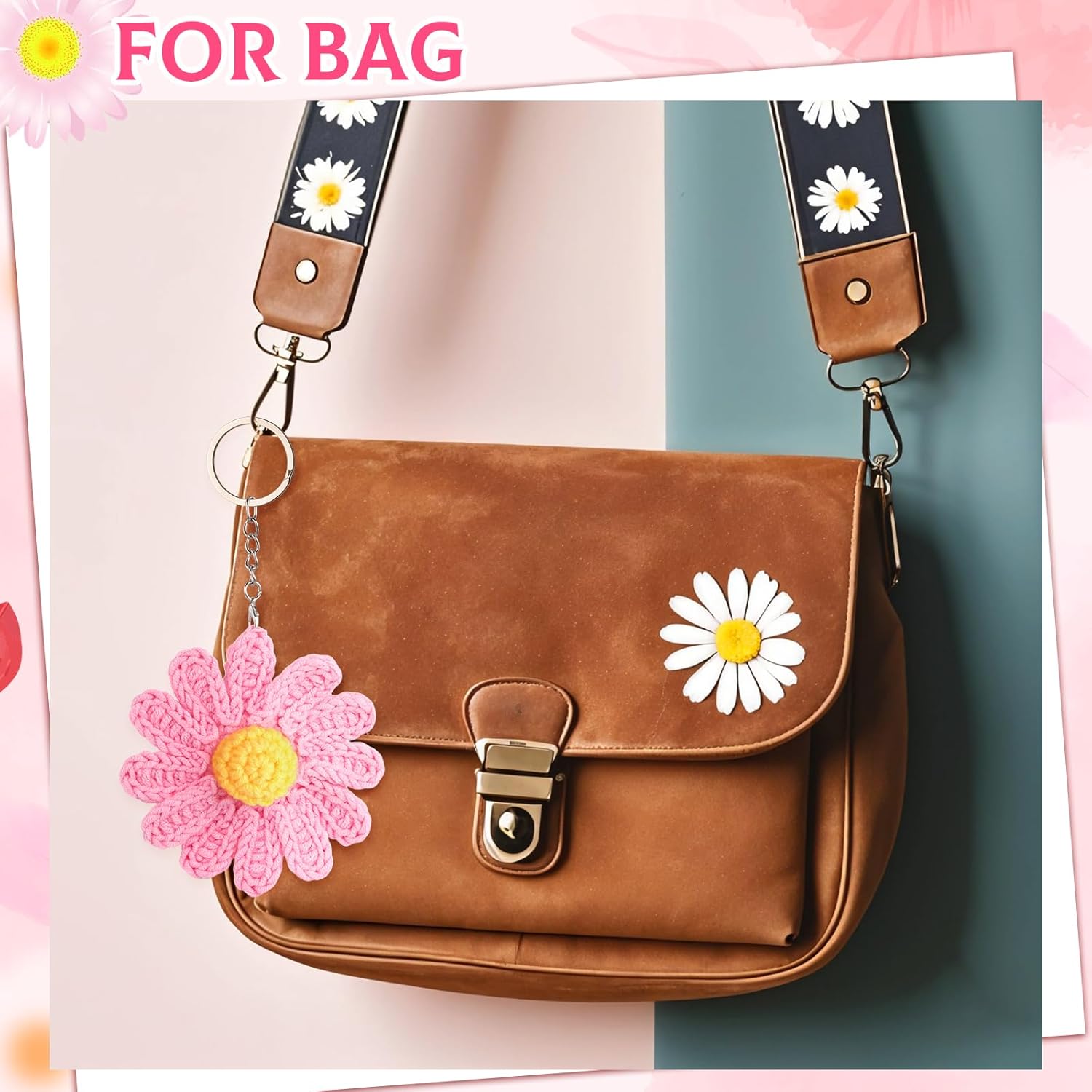 Daisy Keychain,Cute Daisy Crochet Flower Bag Charms for Women Handmade Floral Keyring Decor Gifts Purse Wallet - Image 4