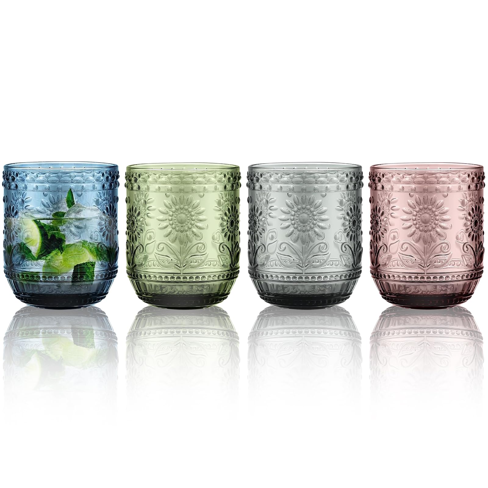 RAKLE Juego de 4 vasos de vidrio coloridos con diseños de frutas, vasos de jugo de 17.2 onzas para bebidas mixtas, limonada, jugo de naranja, ideal para fiestas de verano, piscina