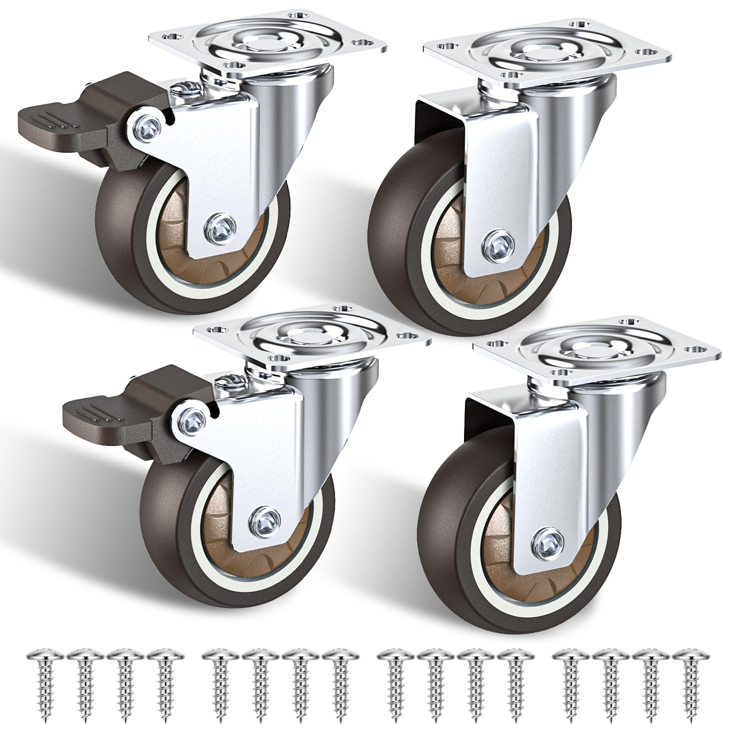 75 mm zwenkwielen met veiligheidsrem 4-delig set zware wielen (2 met remmen en 2 zonder) Meubelwielen met 450 kg totale capaciteit