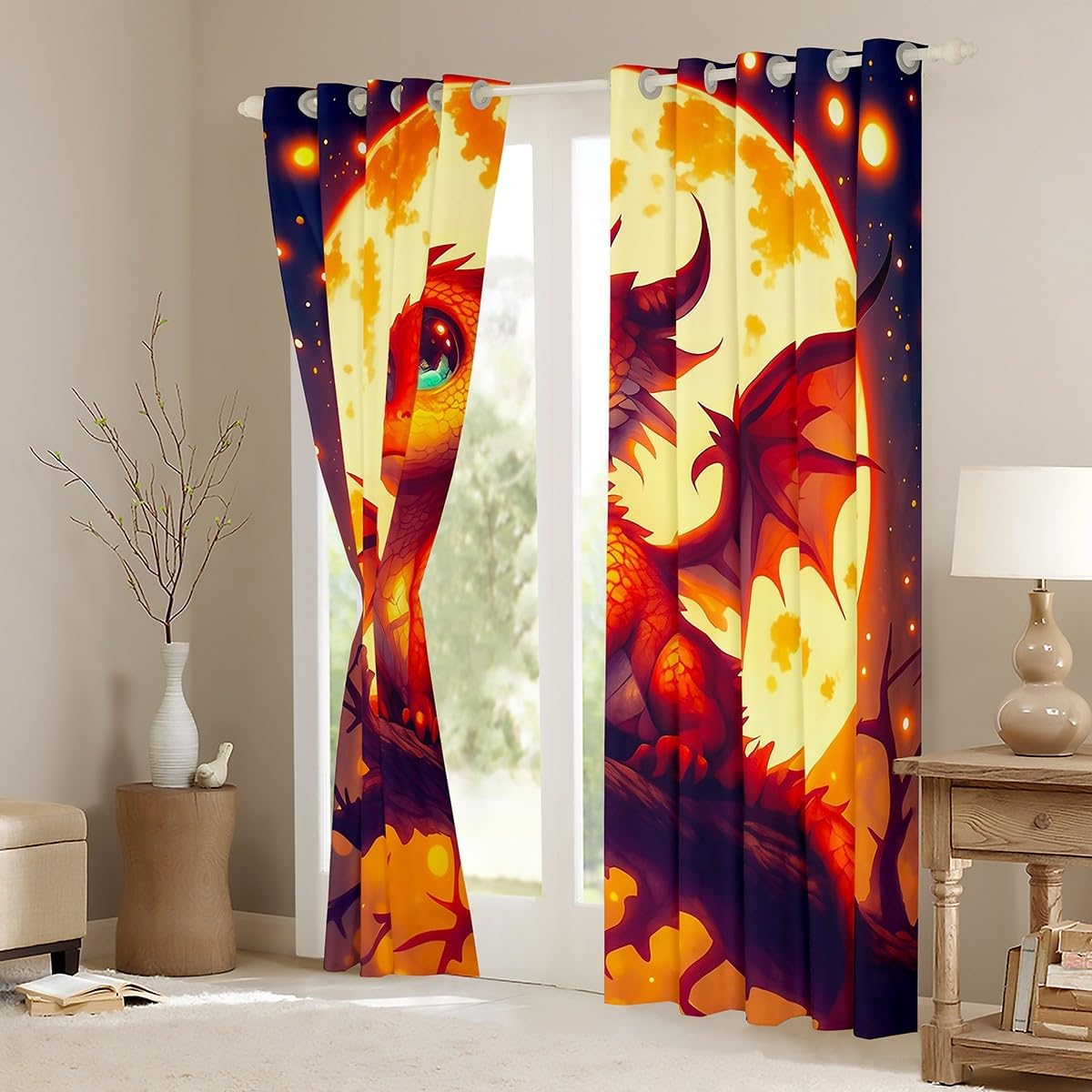 Cartoon Dragon Curtains Halloween Night Theme Blackout Curtain Western Magical Fairy Tale Window Drapes for Kid Teens Boys Girls Moon Starry Sky Bedroom Decorative,42Wx63L inch